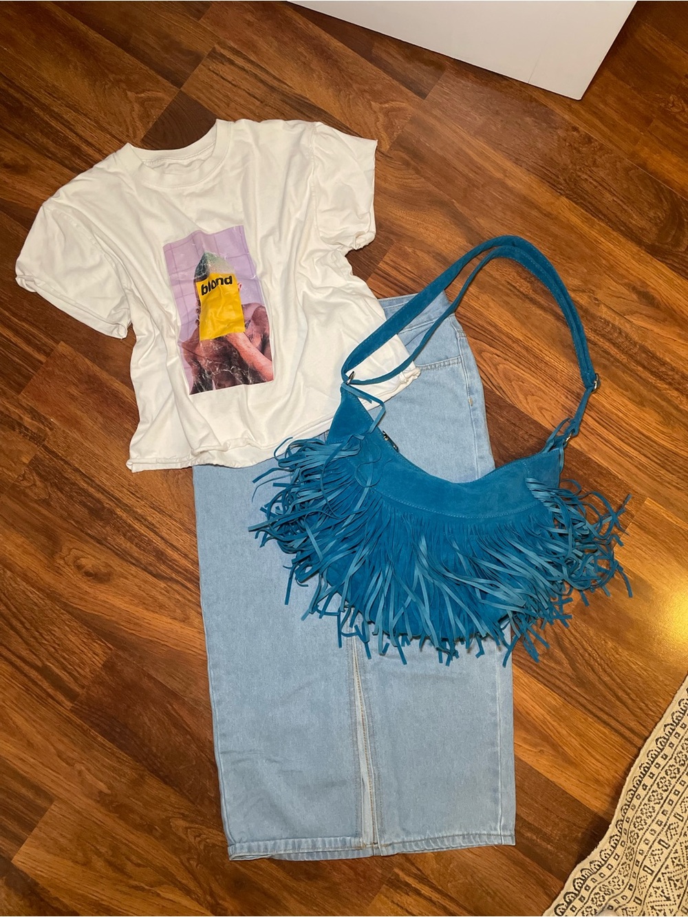 Light Blue High-Rise Denim Midi Jean Skirt